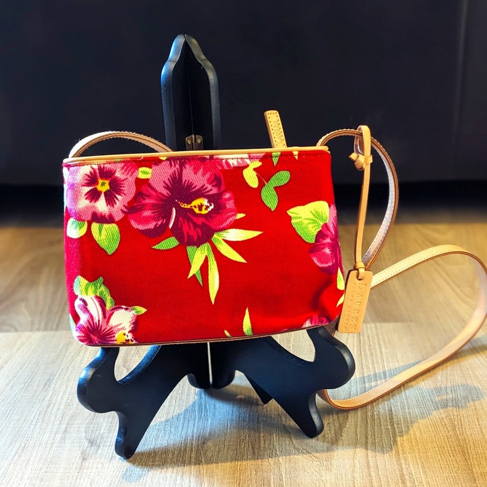 NWT Lauren Ralph Lauren Mini Crossbody Red/Green Floral Print Canvas